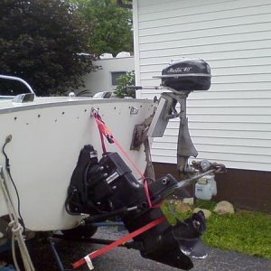 Original 1969 Mercruiser 120 outdrive. Did not bring a battery to raise outdrive for trip home. Had to unbolt it and strap with transom saver.