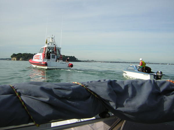 Being towed back by coastgaurd along with another boatie who had broken down. 
Our engine suffered overheat on one bank of V6